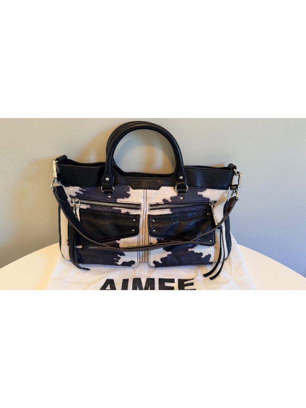 Aimee Kestenberg Leather Cow Print Satchel Shoulder Bag with Detachable Strap